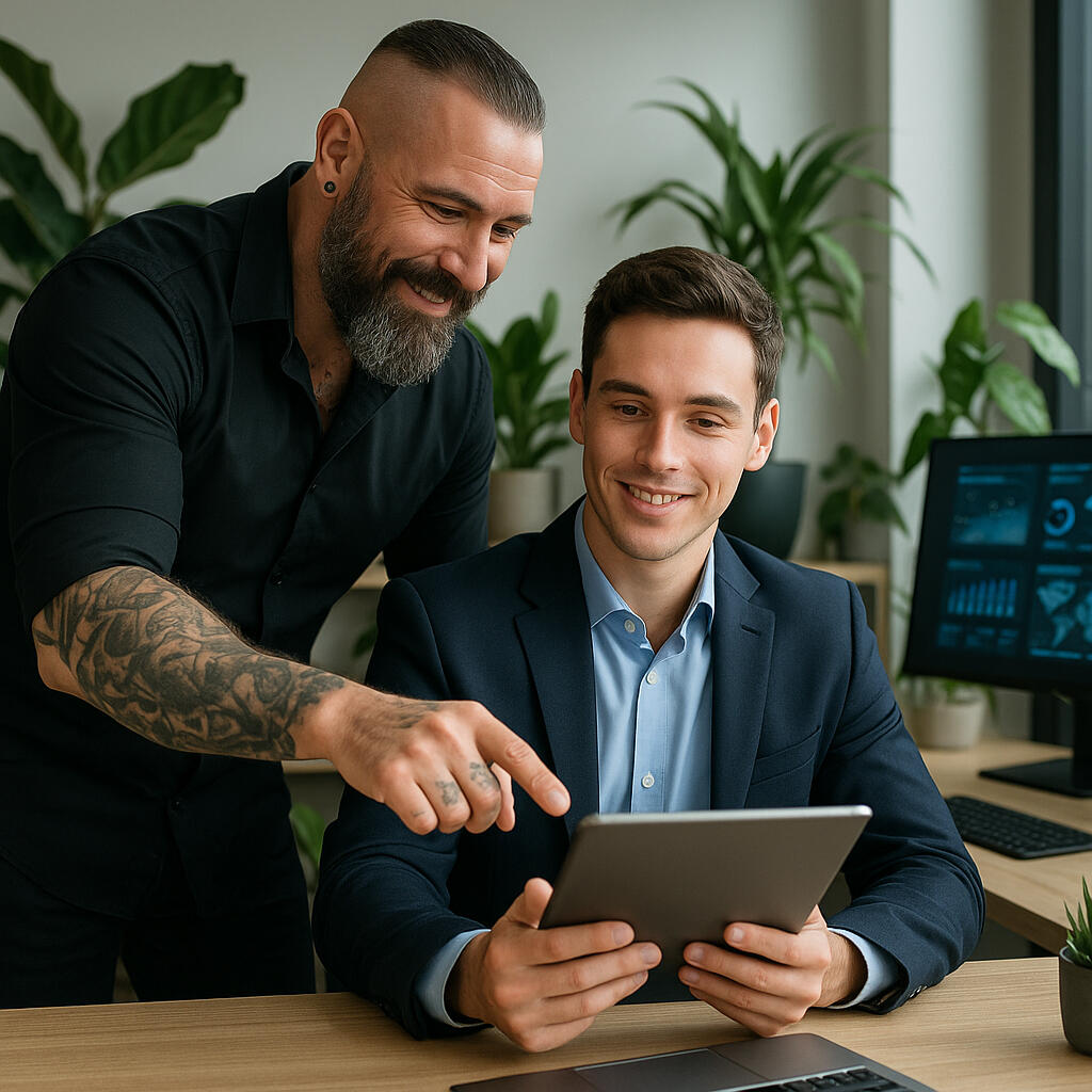 Astracore AI Consulting Business Partners Going Over AI Automation Reports In An Office